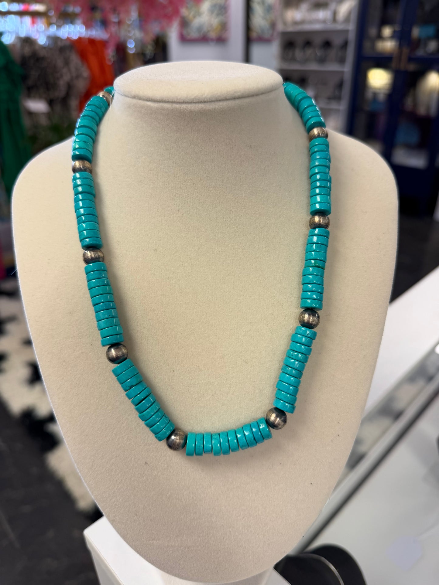 Turquoise Bead & Sterling Silver Beaded Necklace
