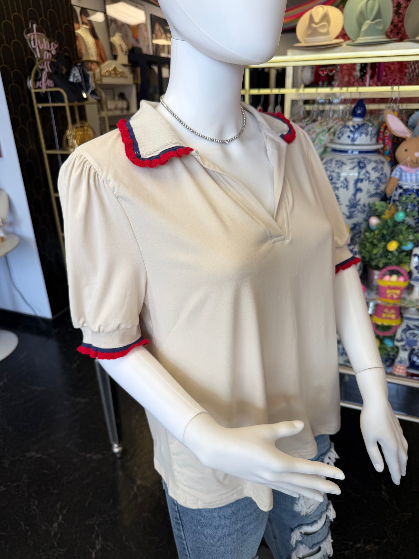 Ecru Ruffle Polo Tee