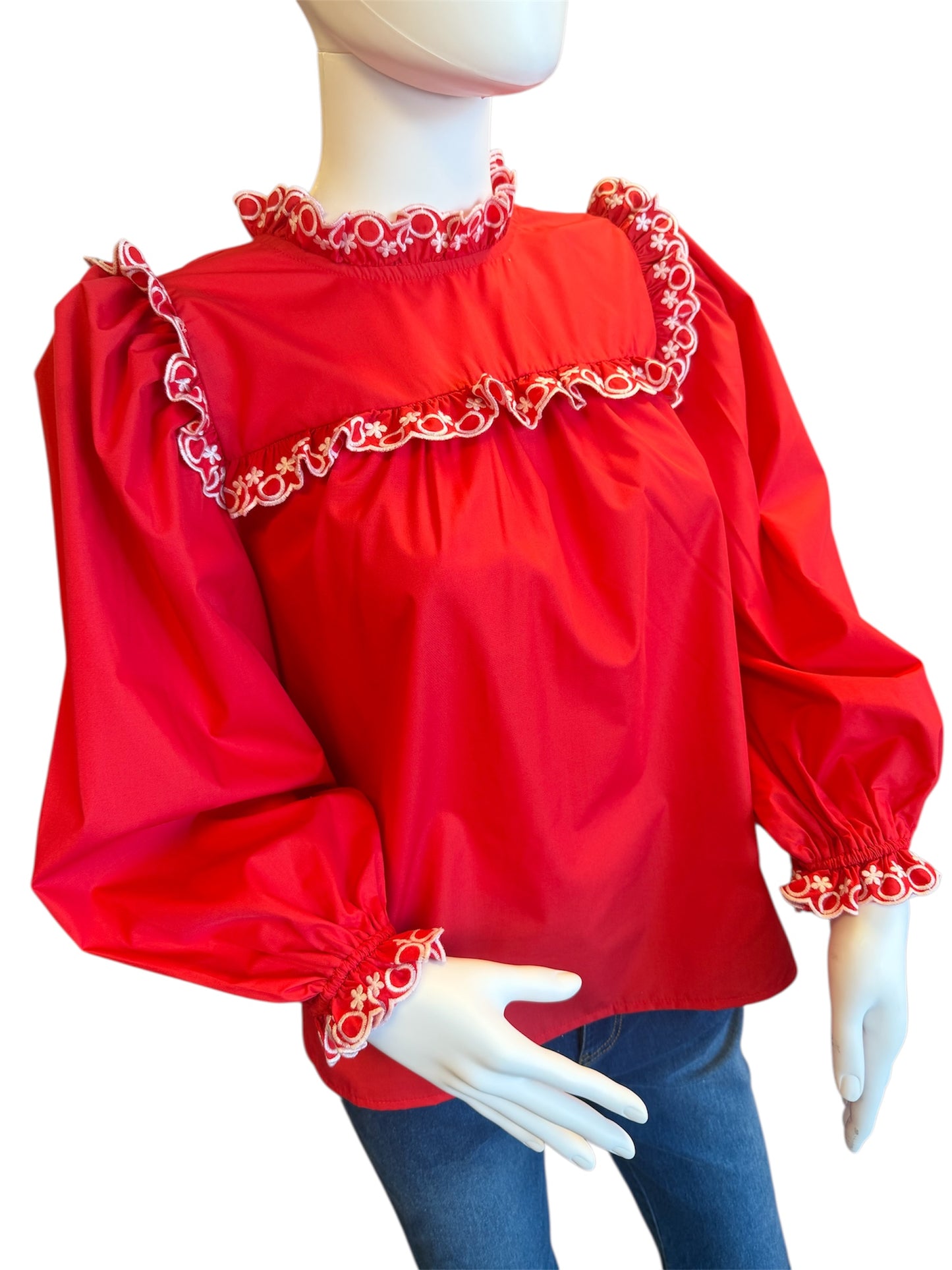 Red Long Sleeve With White Embroidered Trim