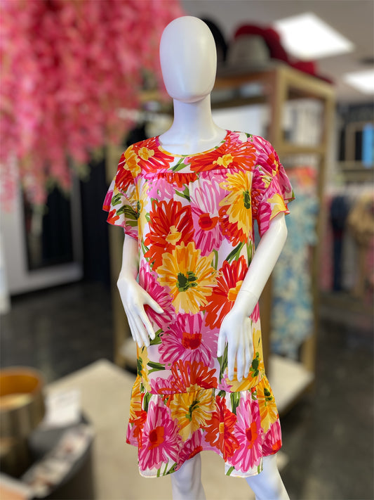 Short Ruffle Sleeve Tunic Floral Dress