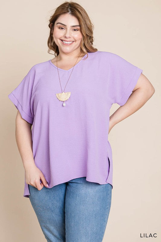 V Neck Short Sleeve Top With Side Slit