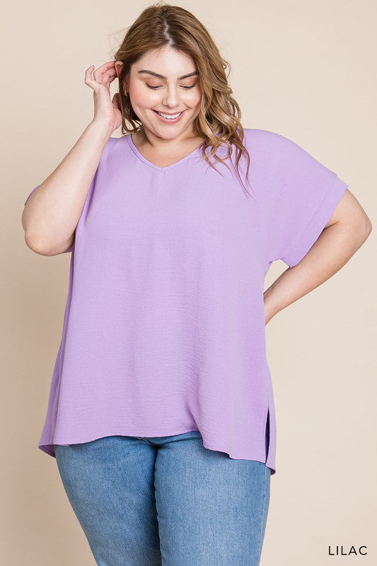 V Neck Short Sleeve Top With Side Slit