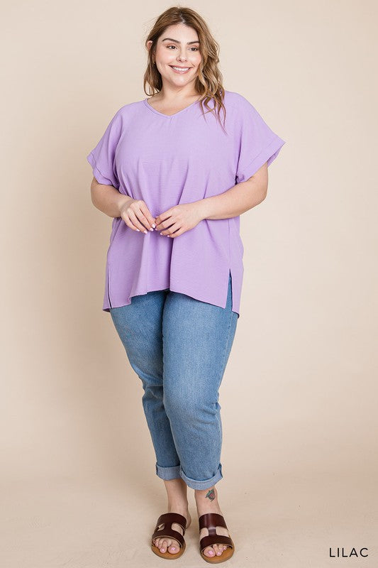 V Neck Short Sleeve Top With Side Slit