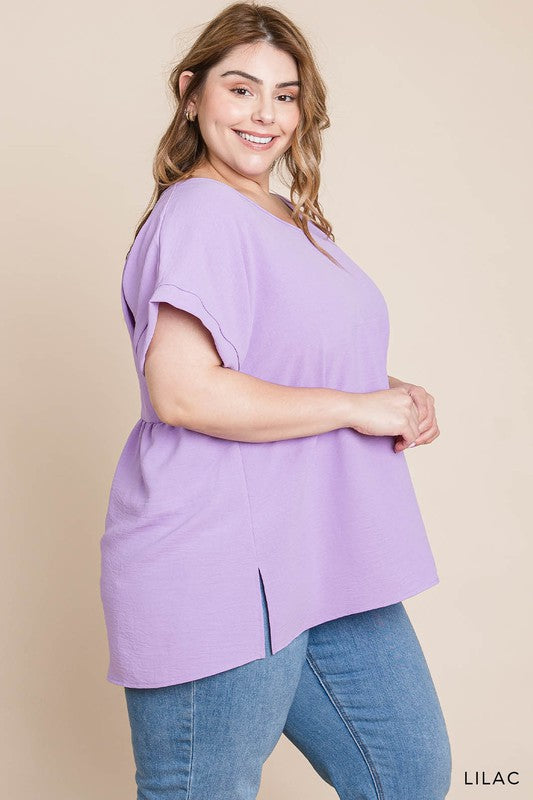 V Neck Short Sleeve Top With Side Slit