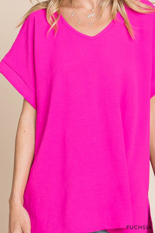 V Neck Short Sleeve Top With Side Slit