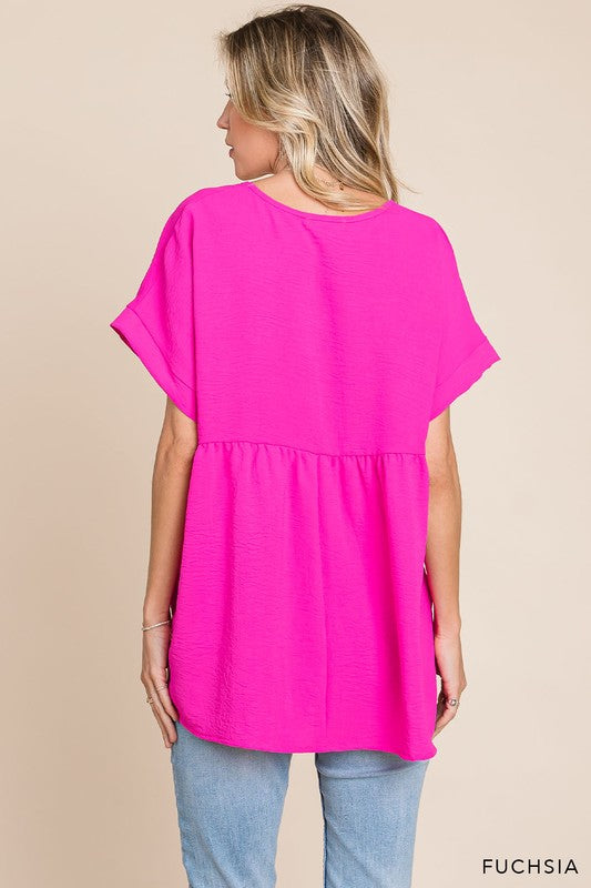 V Neck Short Sleeve Top With Side Slit