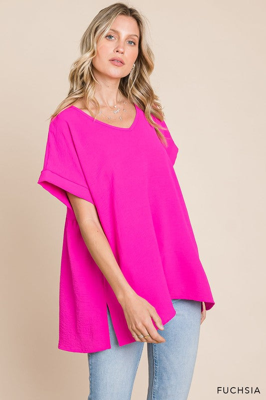 V Neck Short Sleeve Top With Side Slit