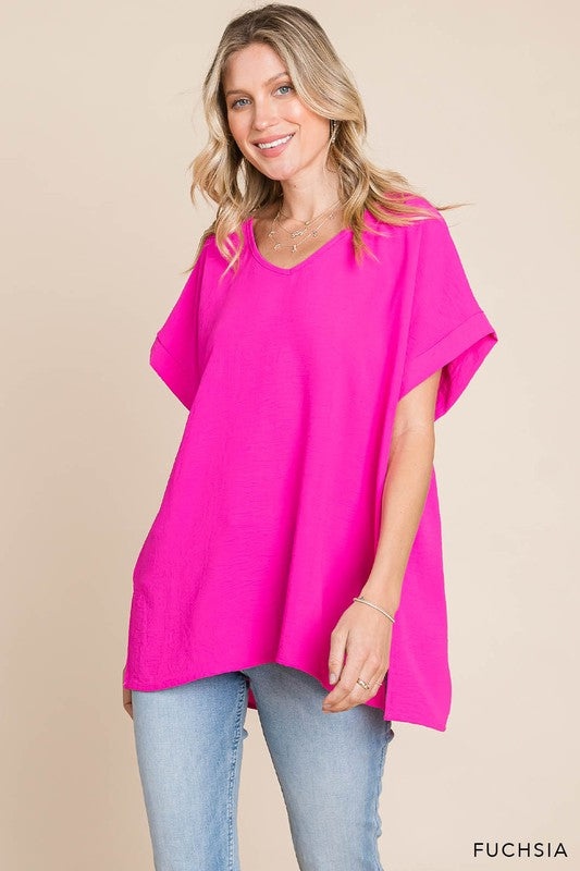 V Neck Short Sleeve Top With Side Slit