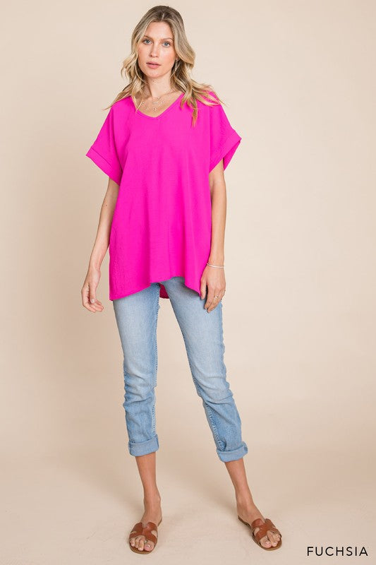 V Neck Short Sleeve Top With Side Slit