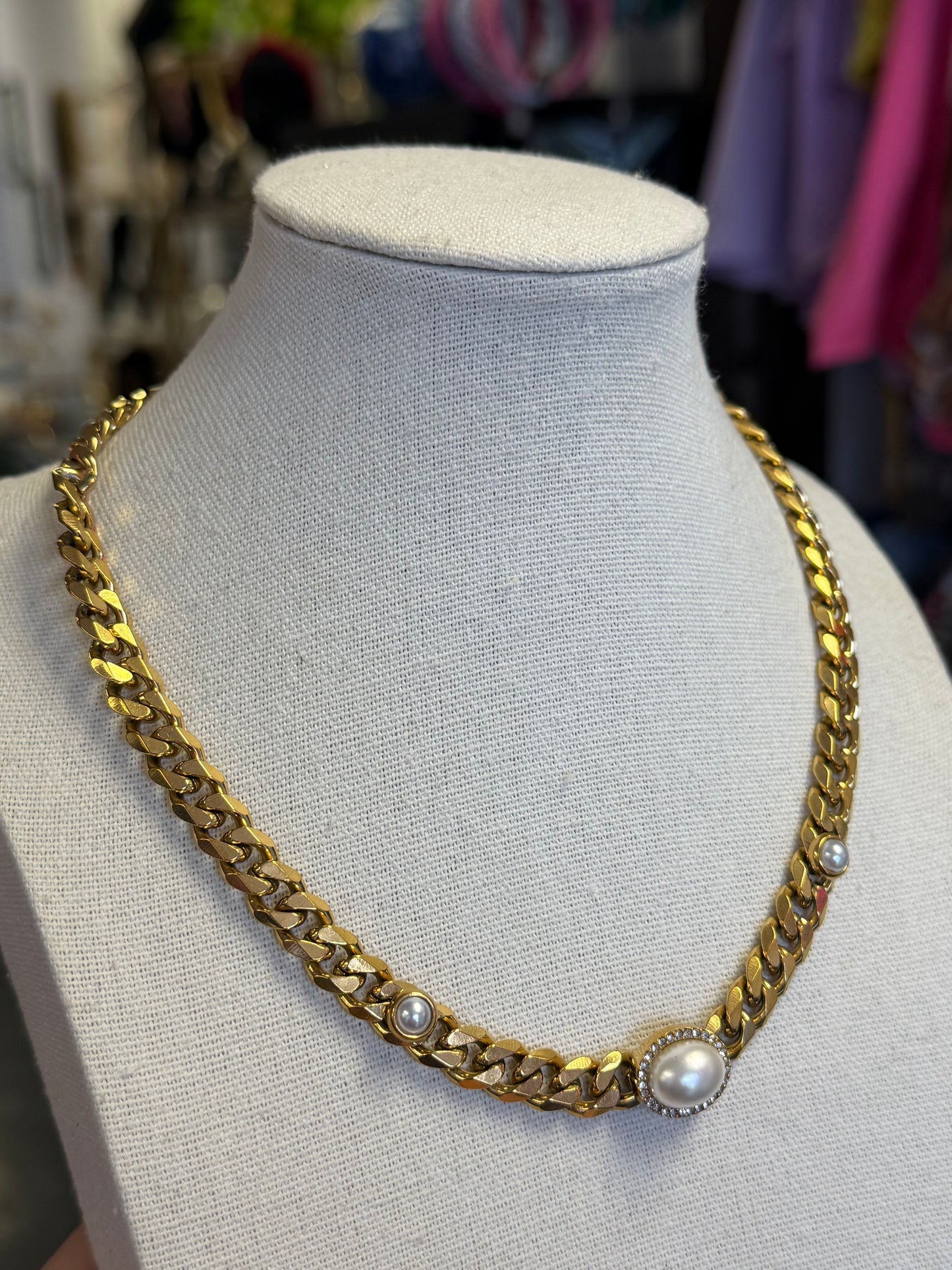 Stainless Steel Gold Plated Imitation Pearl Crystal Necklace