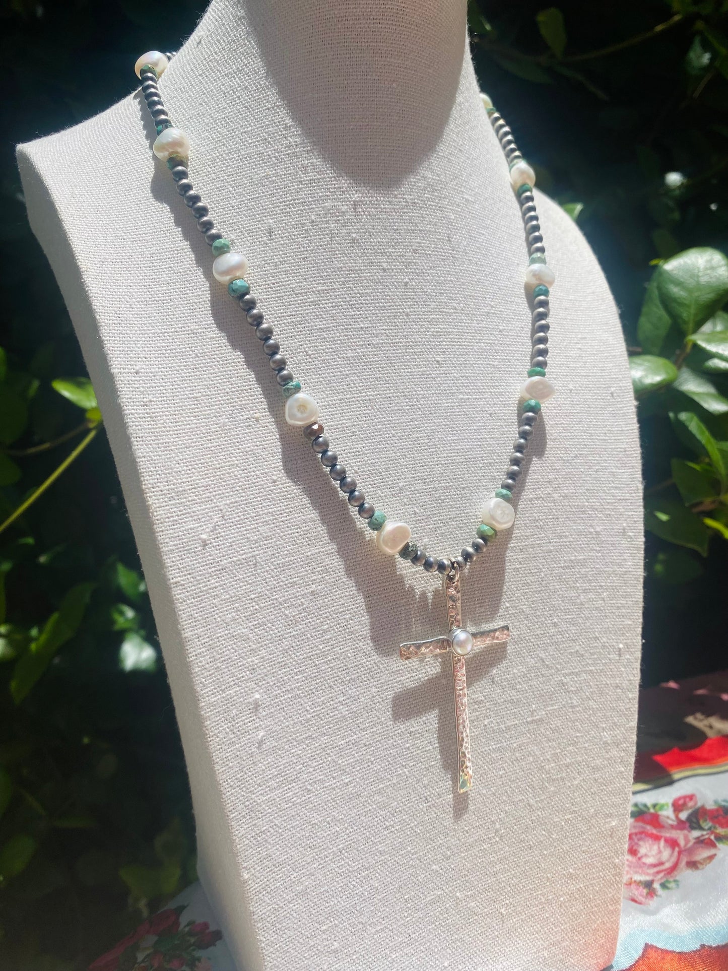 Sterling Silver Multi Gemstone Cross Necklace Turquoise & Pearl