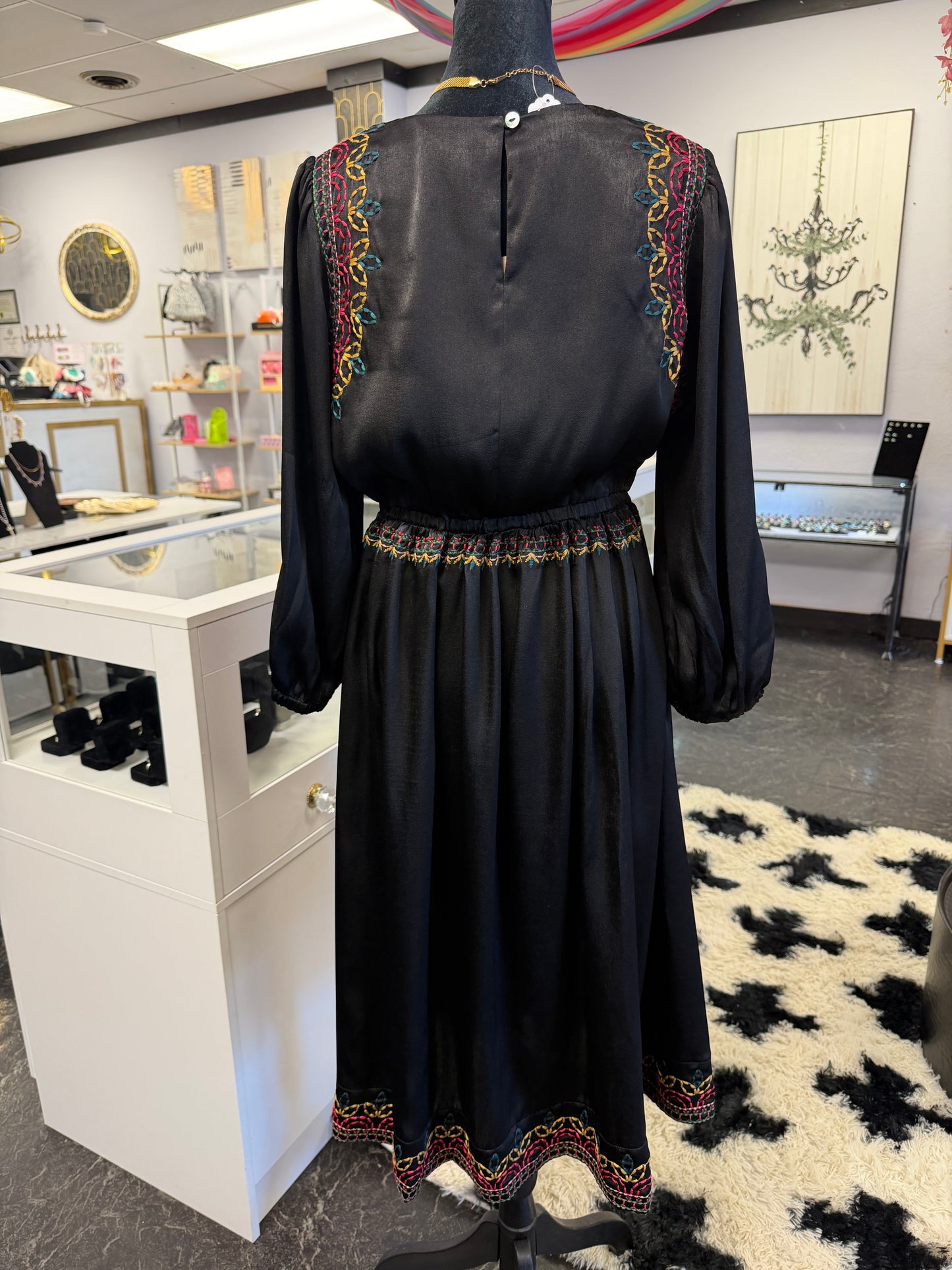 Black Satin Colorful Embroidered Long Sleeve Dress
