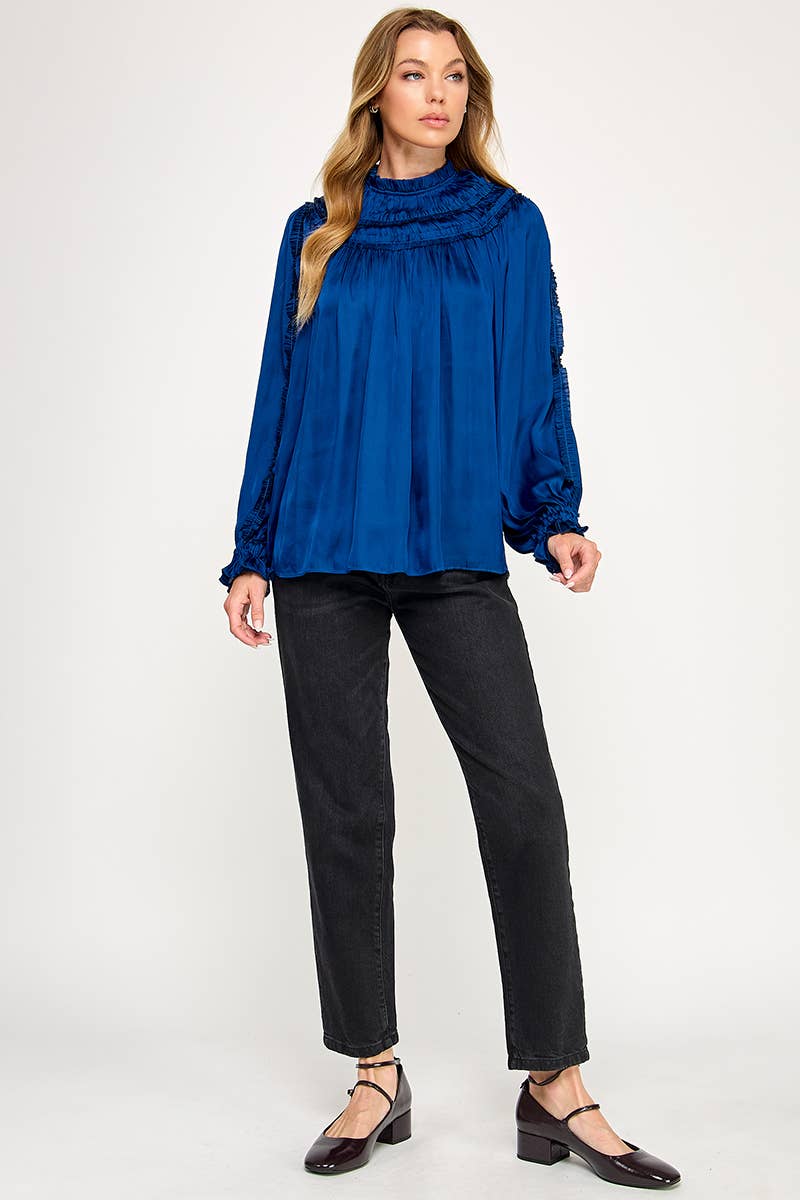 IT3477 - RUFFLED LONG SLEEVES SATIN TOP: GOLD / M