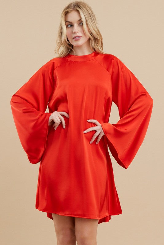 Red Satin Raglan Butterfly Sleeves Dress