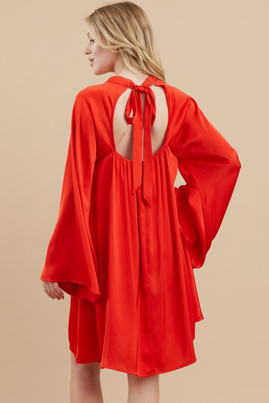 Red Satin Raglan Butterfly Sleeves Dress