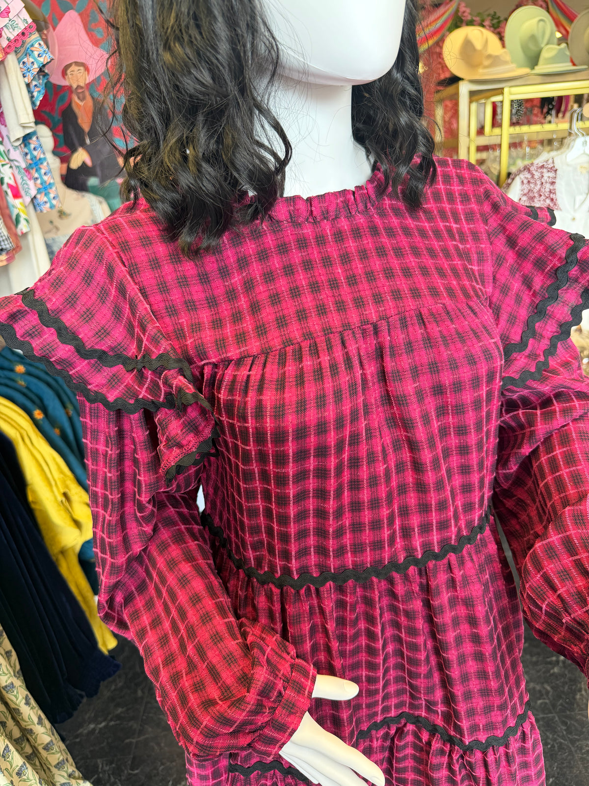Fuchsia & Black Gingham Flutter Sleeve Dress