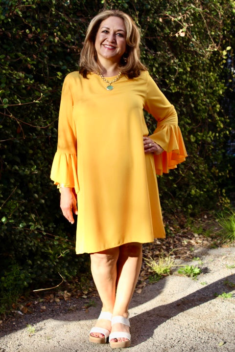 Marigold Cascading Bell Sleeve Shift Dress