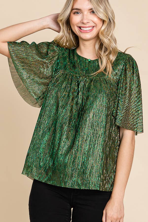 Hunter Green Pleated Sheer Half Sleeve Shimmer Blouse