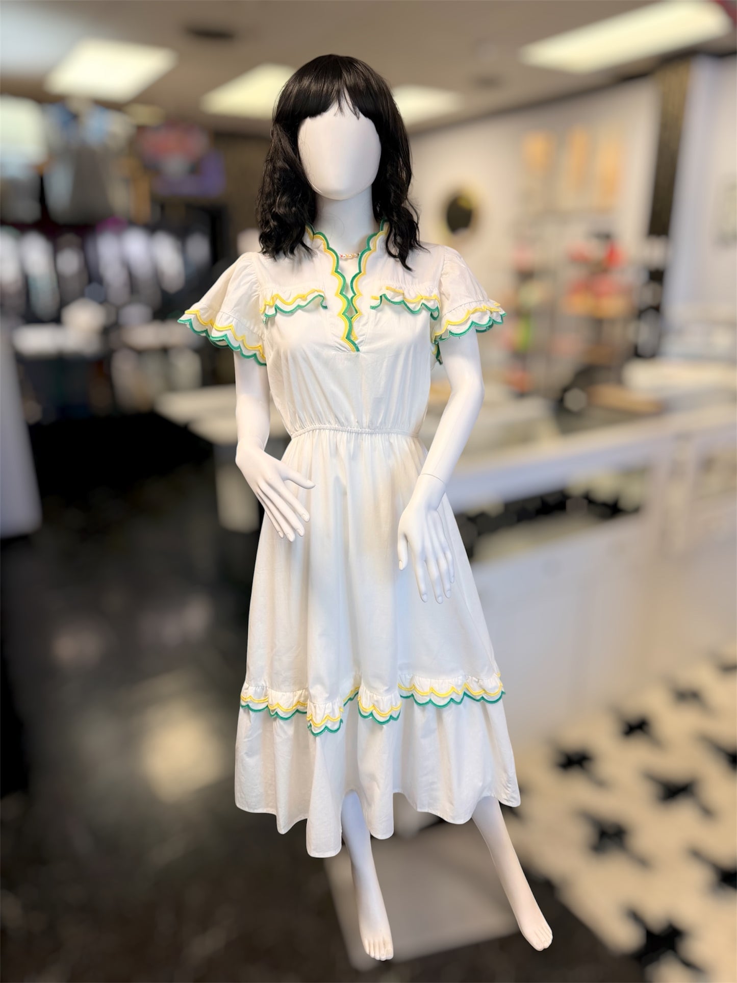 White Colorful Embroidered Scalloped Maxi Dress