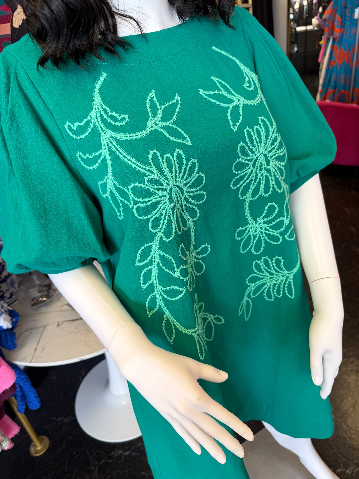 Jade Puff Sleeve Embroidered Dress