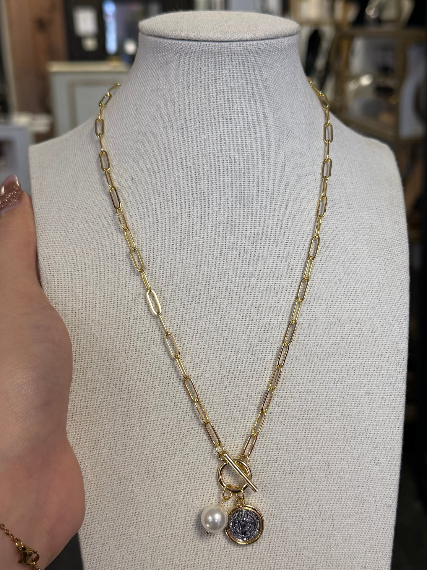 Two Tone Saint Benedict Toggle Paper Clip Necklace Multi Sizes