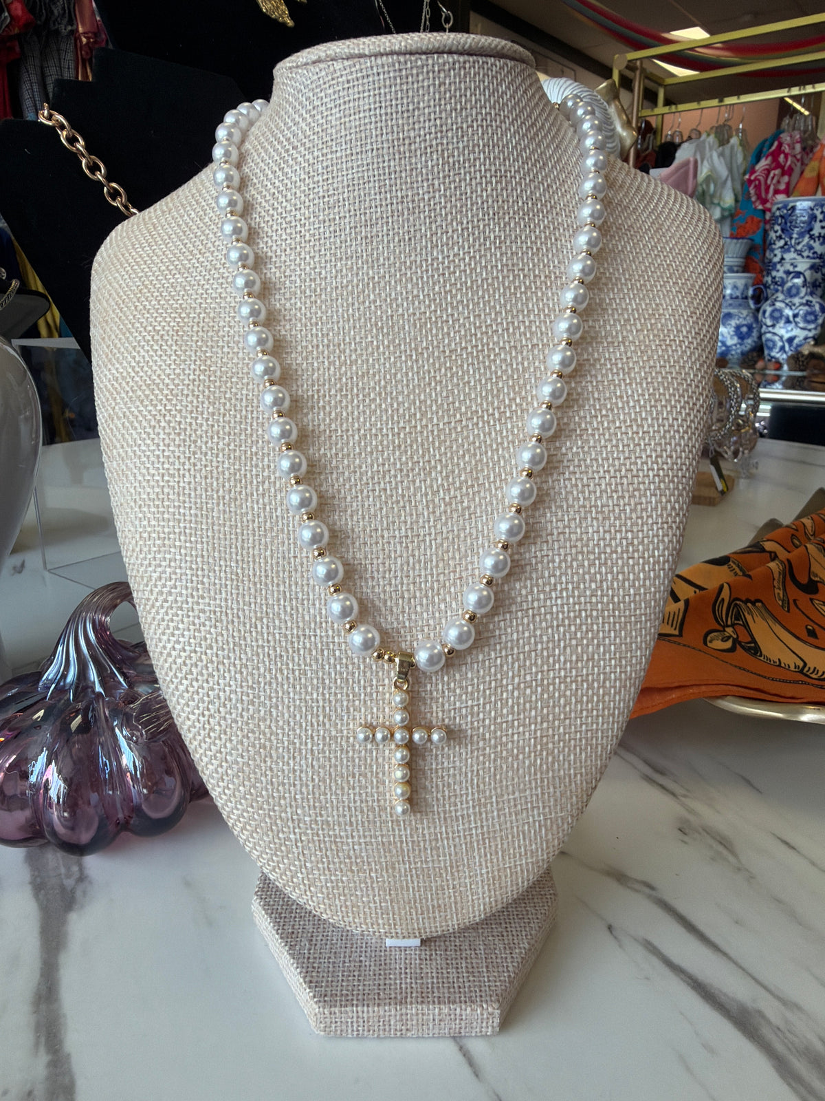 Fashion Pearl & Gold Beaded Cross Necklace