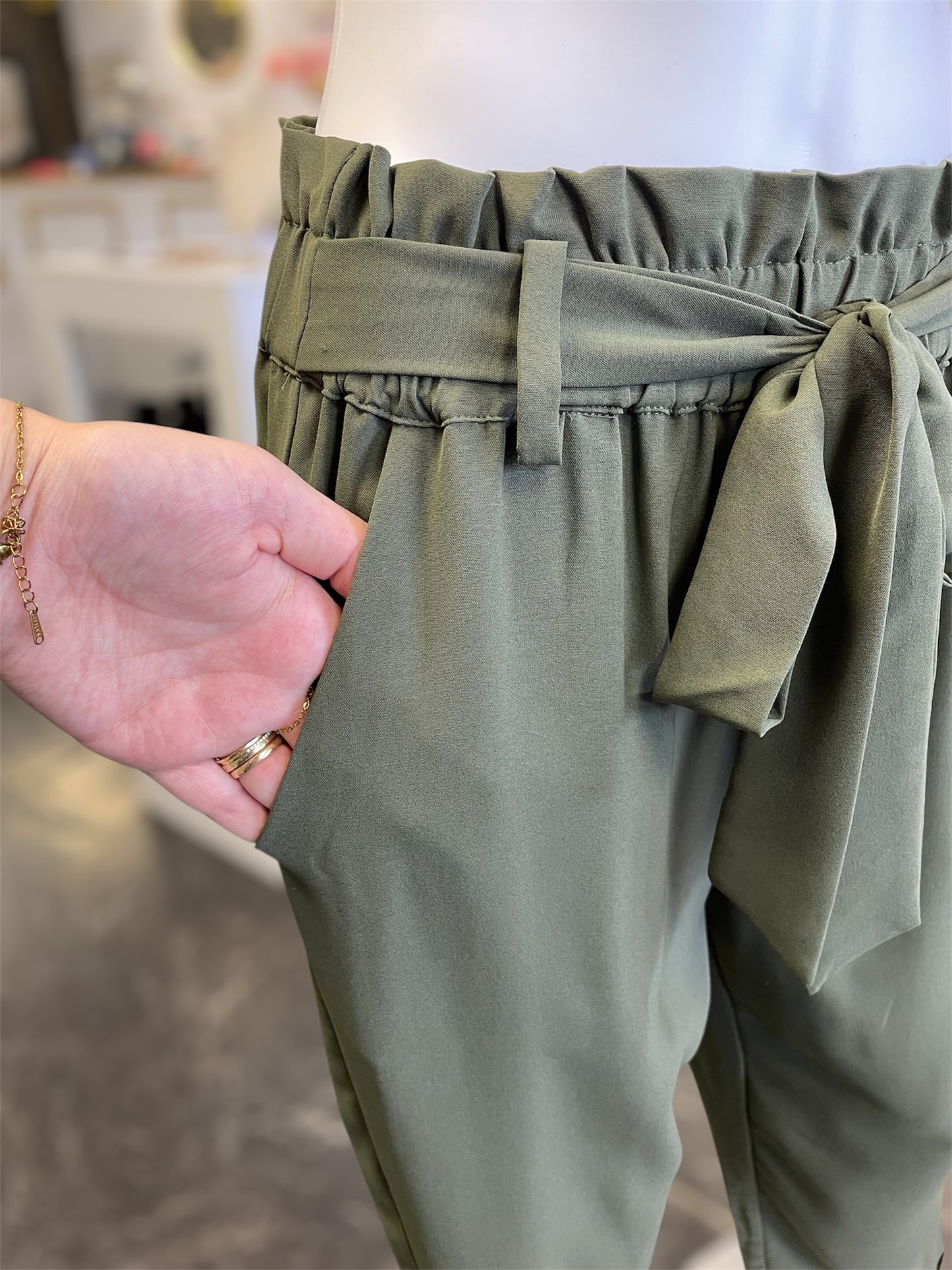Olive High Waisted Paper bag Waist Tie Belt Cropped Pants Trendy Trousers
