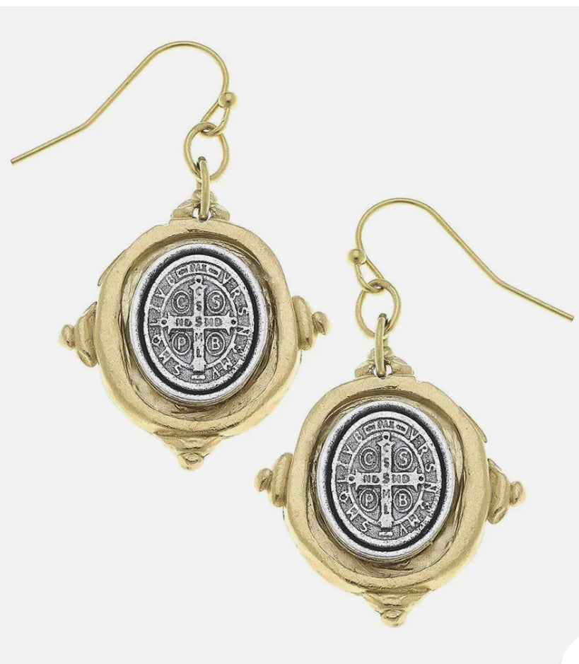 Susan Shaw Saint Benedict Oval Coin Dangle Earrings