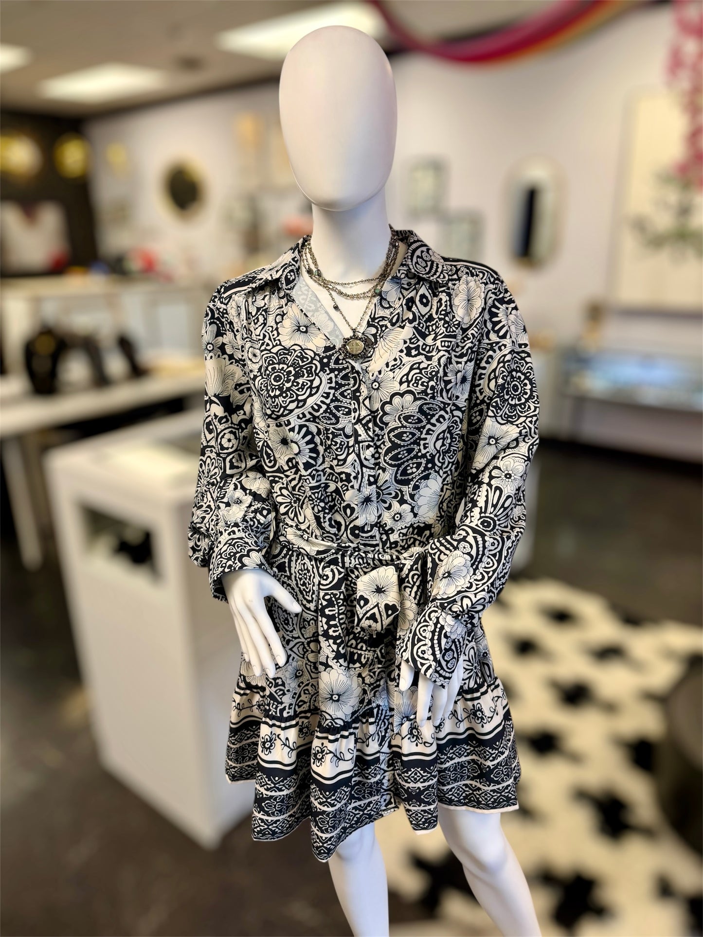 Black & White Multi Print Flutter Dress