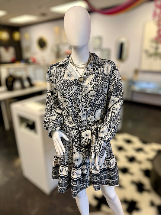 Black & White Multi Print Flutter Dress