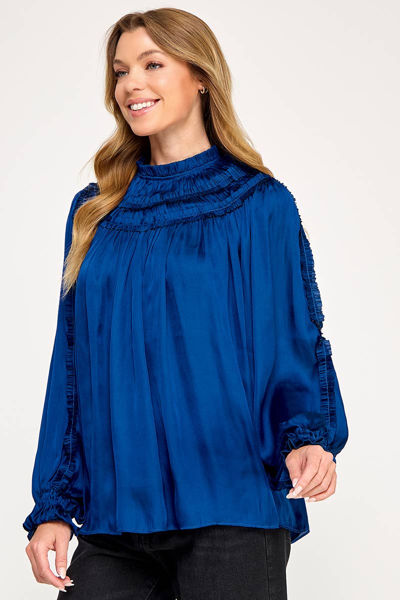 IT3477 - RUFFLED LONG SLEEVES SATIN TOP: GOLD / L