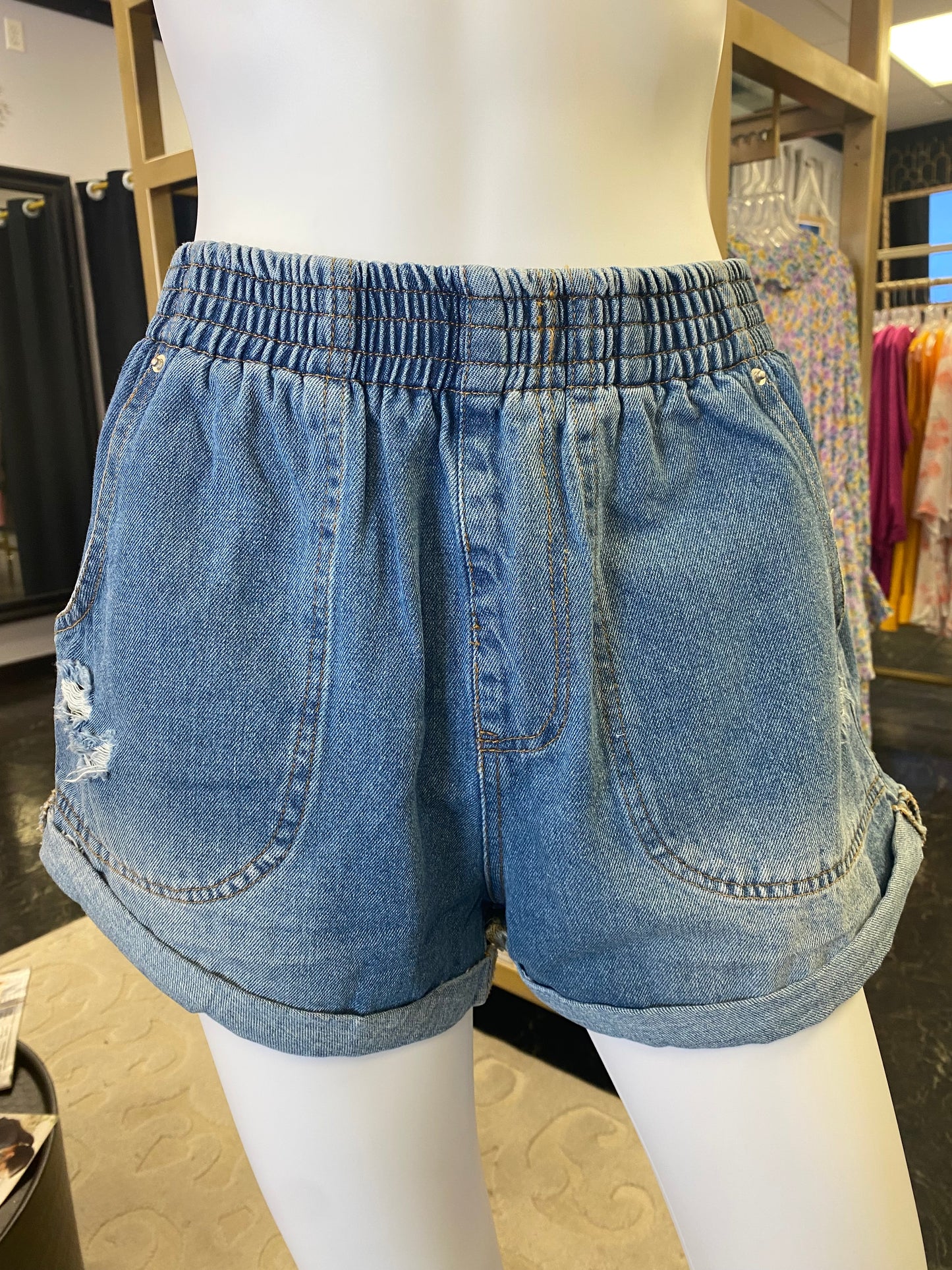 Denim Paper Bag Shorts Elastic