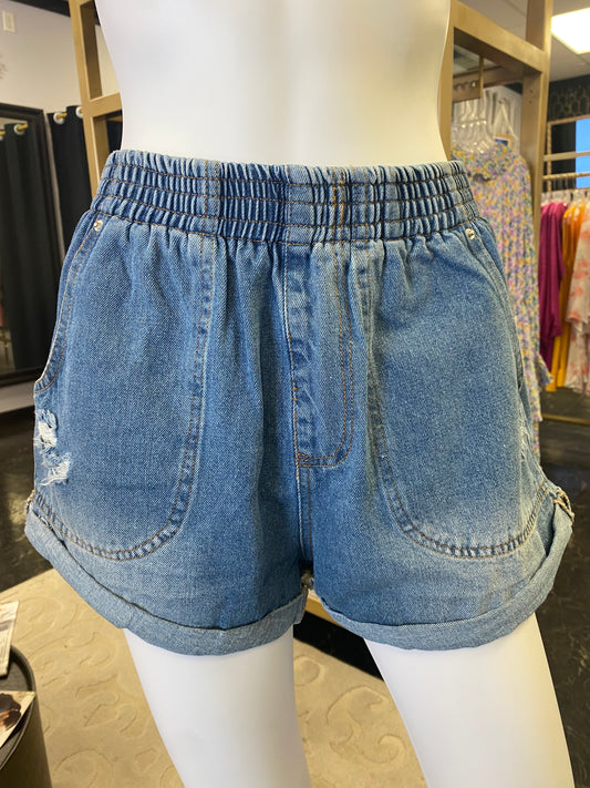 Denim Paper Bag Shorts Elastic