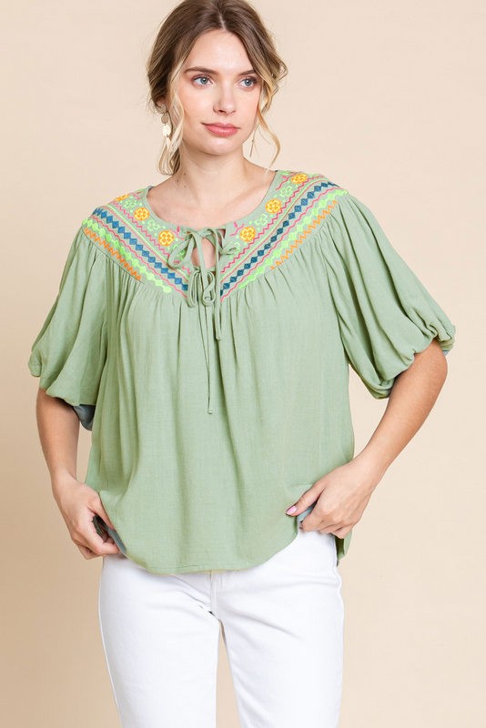 Solid Linen Embroidery Yoke Top