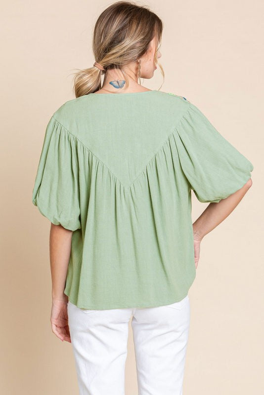 Solid Linen Embroidery Yoke Top