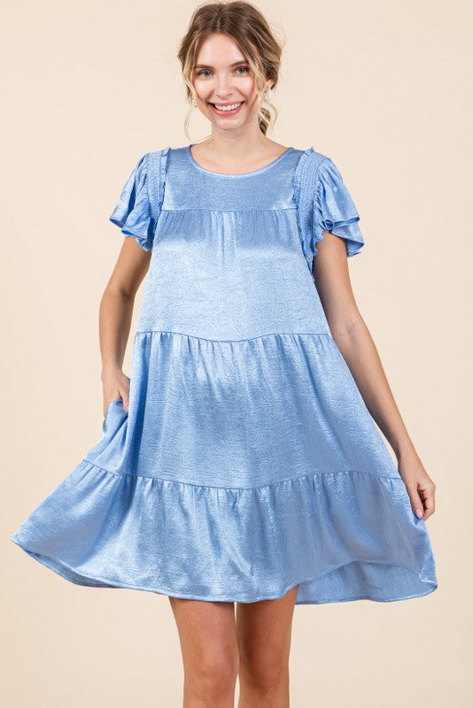 Blue Snow Glossy Tiered Dress with Pockets