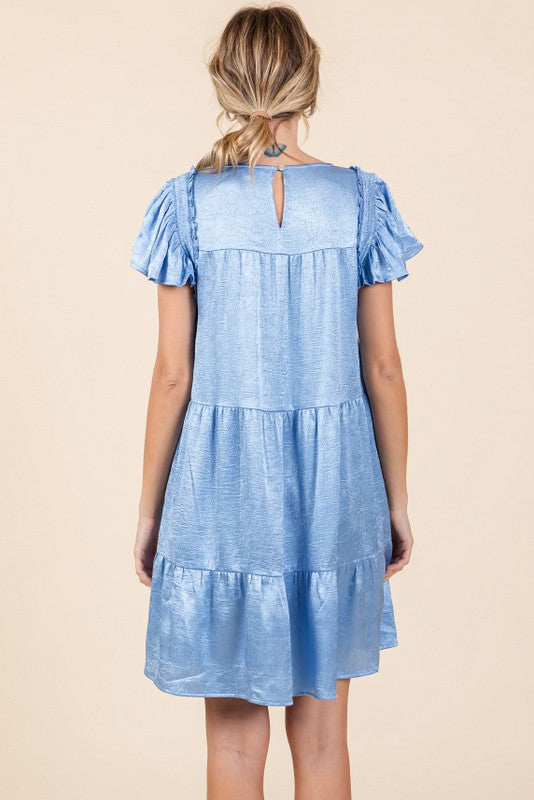 Blue Snow Glossy Tiered Dress with Pockets