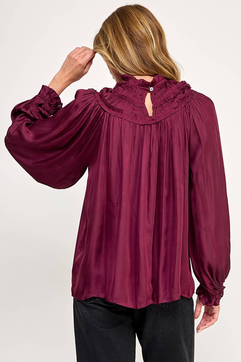 IT3477 - RUFFLED LONG SLEEVES SATIN TOP: GOLD / L
