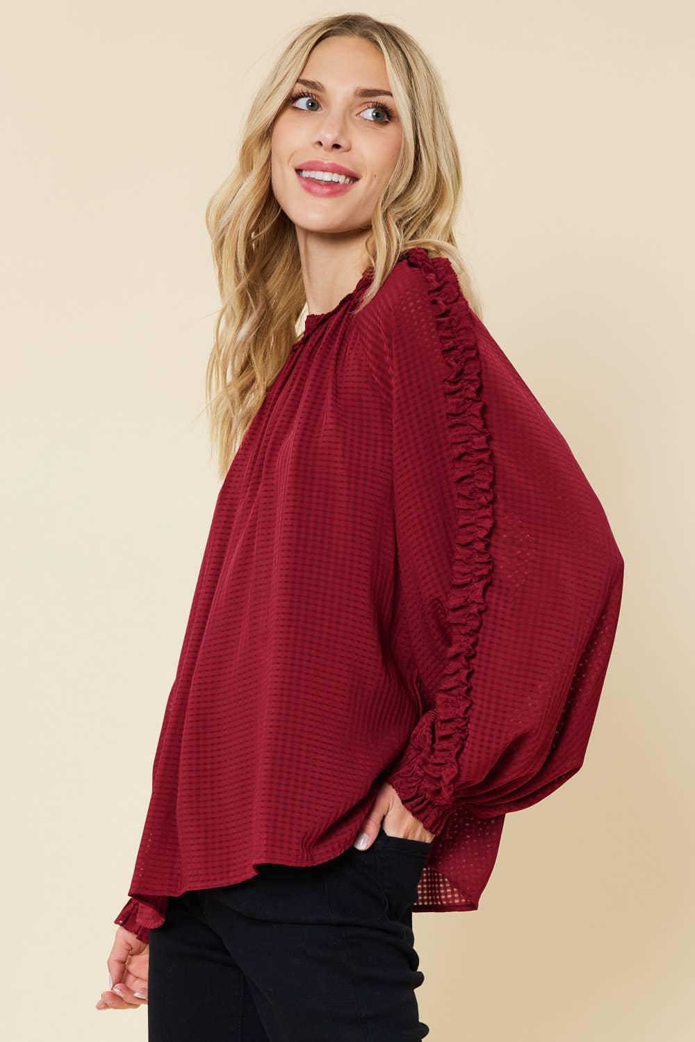 IT3464 - BURNOUT GINGHAM RUFFLED LONG SLEEVES TOP: BURGUNDY / L