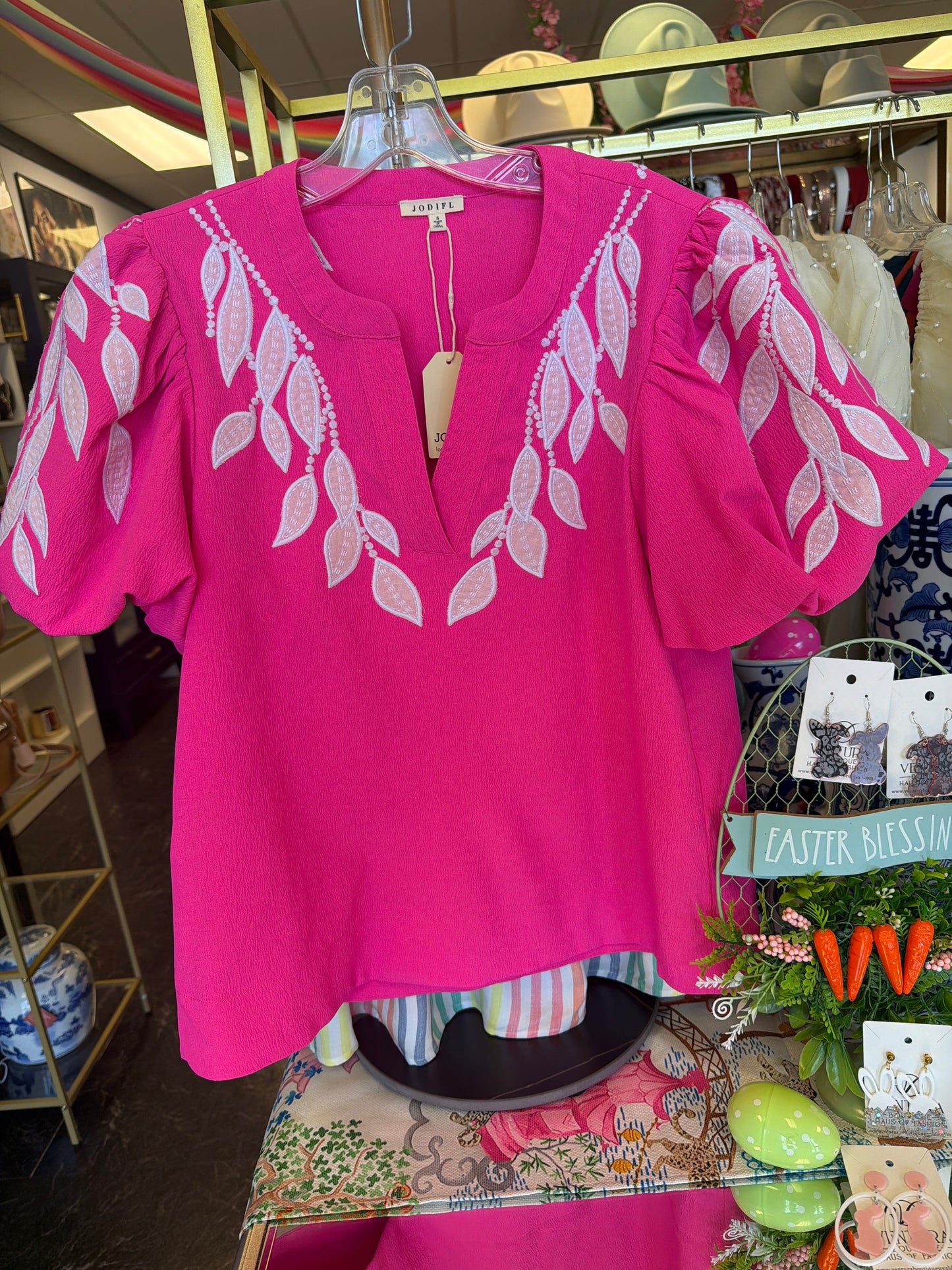 Spring Pink Embroidered Leafs Top