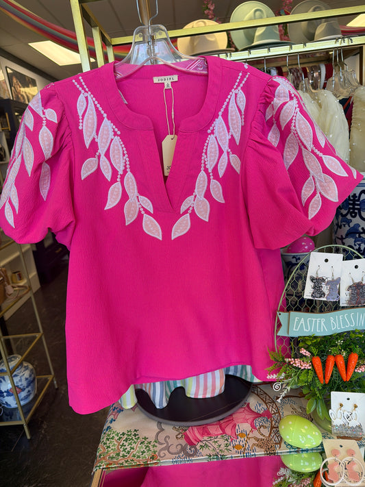 Spring Pink Embroidered Leafs Top