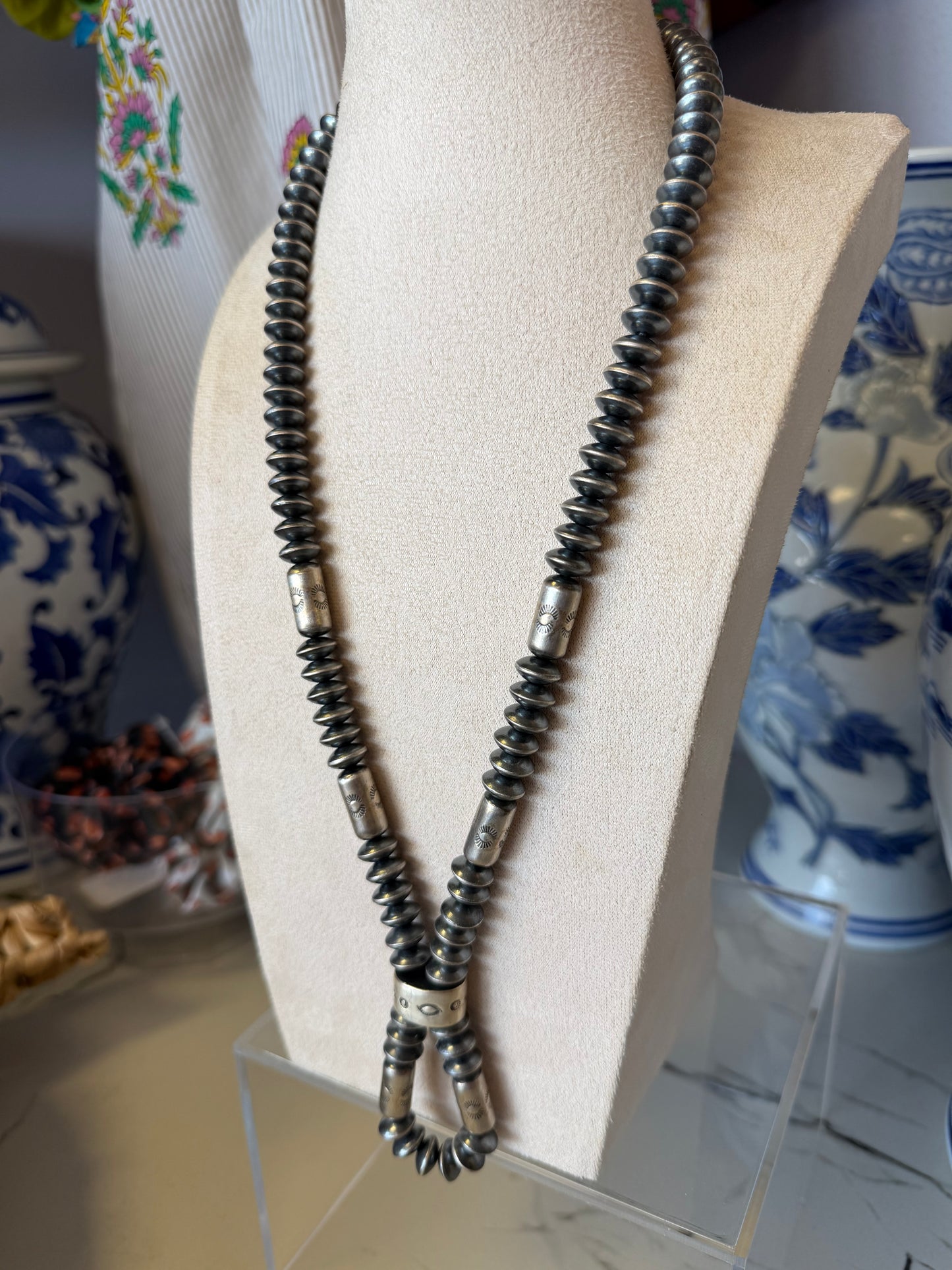 Sterling Silver Barrel Bead & Saucer Necklace 10mm Beads 22”+2”