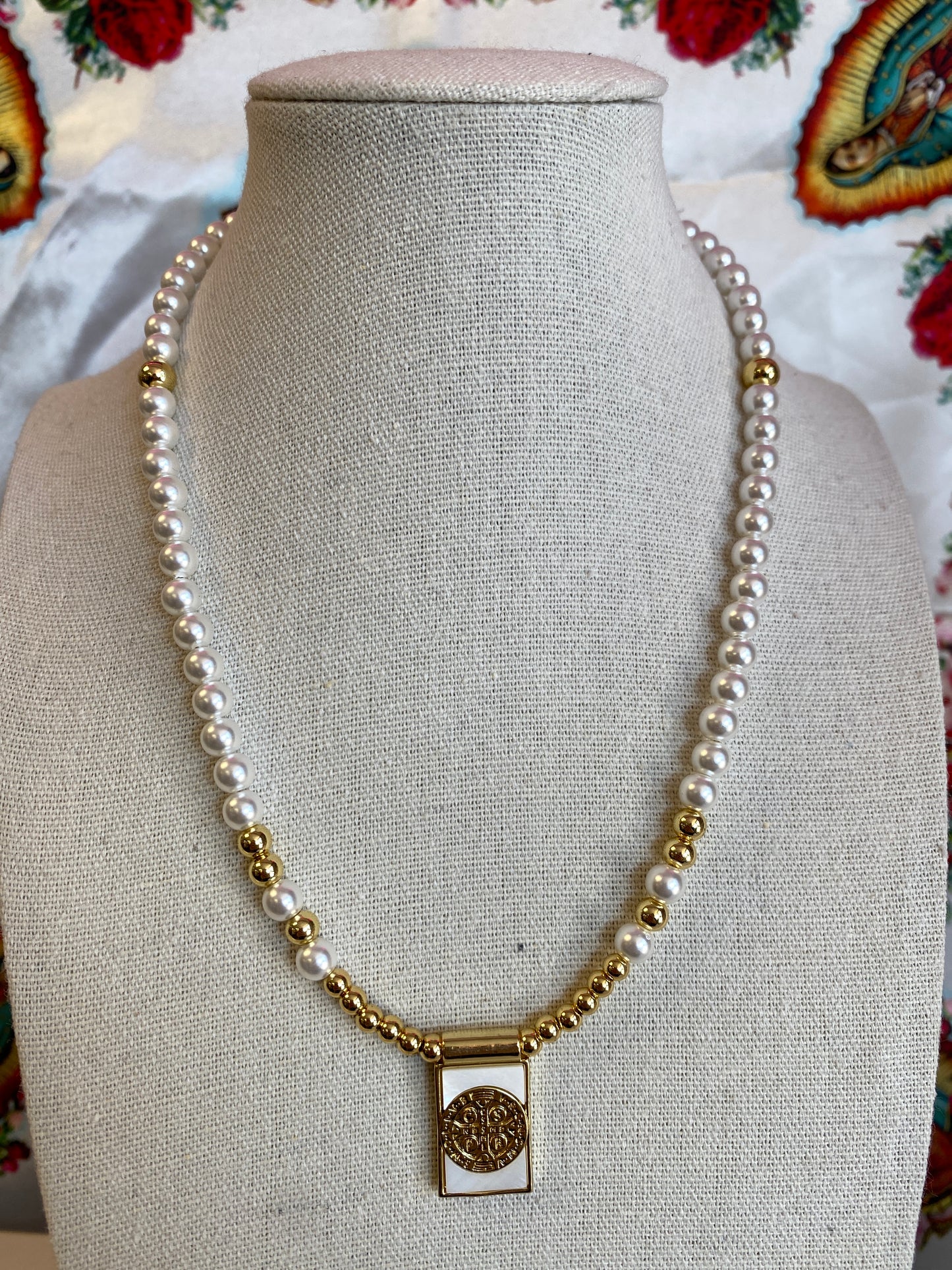 White & Gold Religious Beaded Necklace