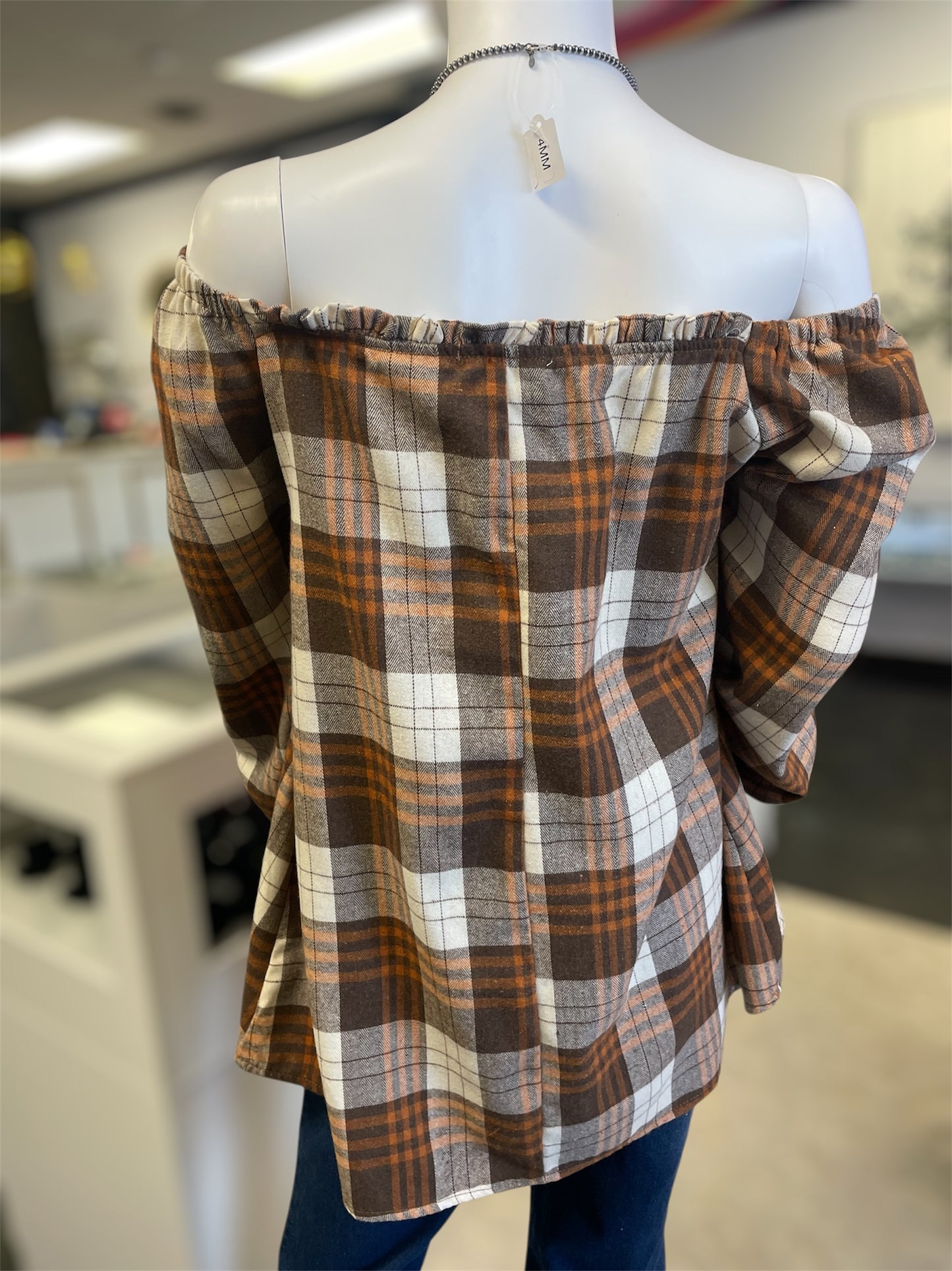 Brown Square Neck Plaid Blouse (Curvy)