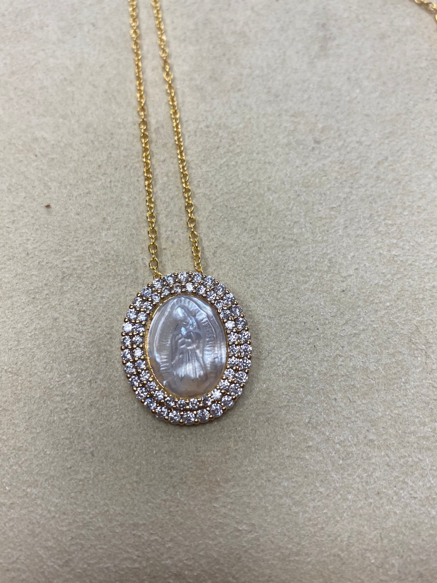 Mother Mary Pearl And Crystal Oval Necklace