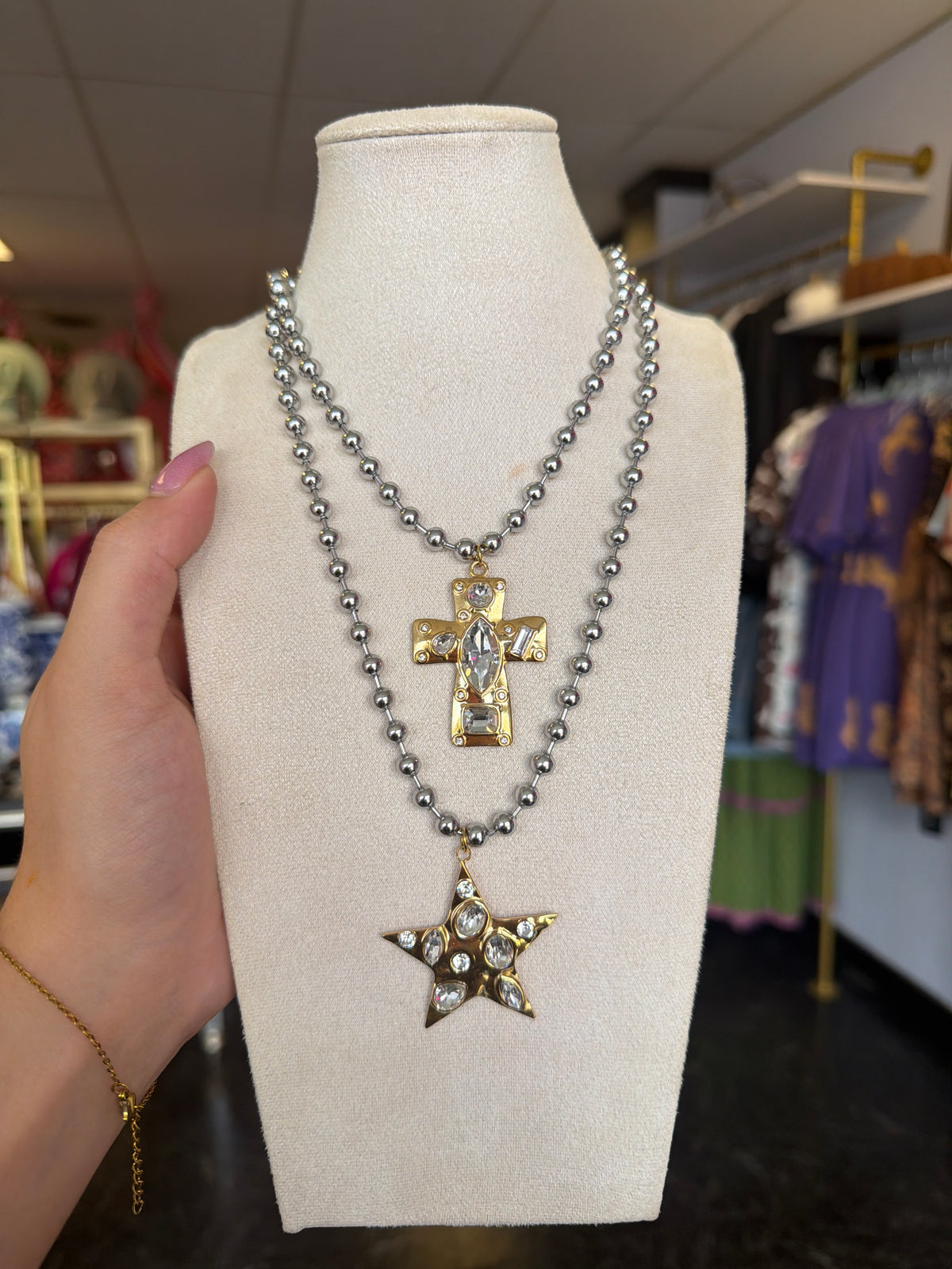 Crystal Gold & Silver Ball Chain Stainless Steel Necklace