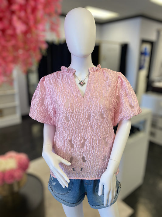Short Puff Sleeve V-Neck Detailed Blouse