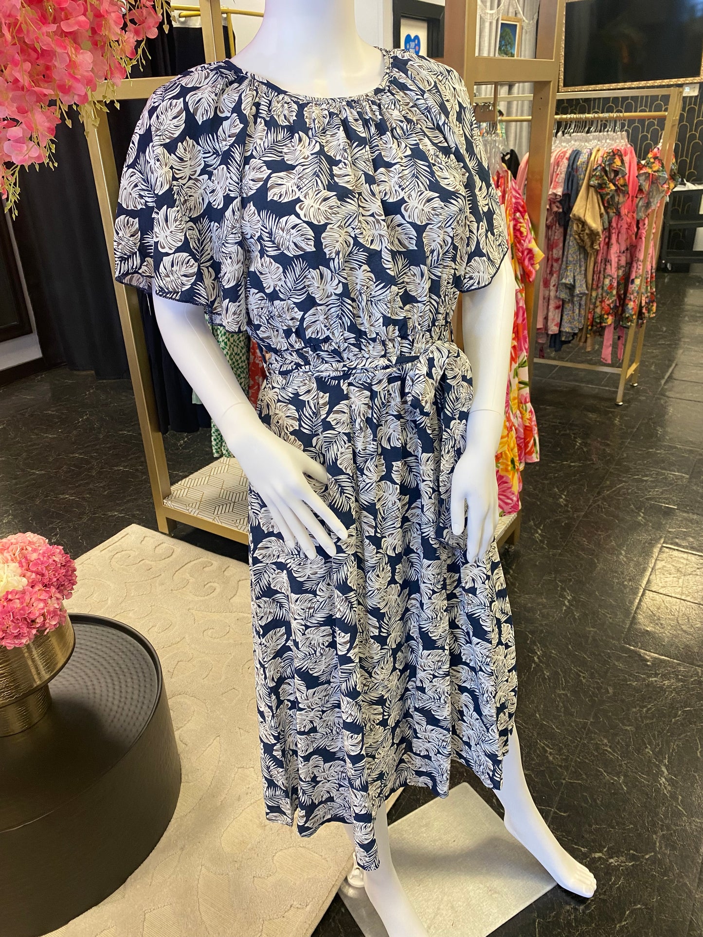 Navy Monstera Leaf Comfy Tie Dress