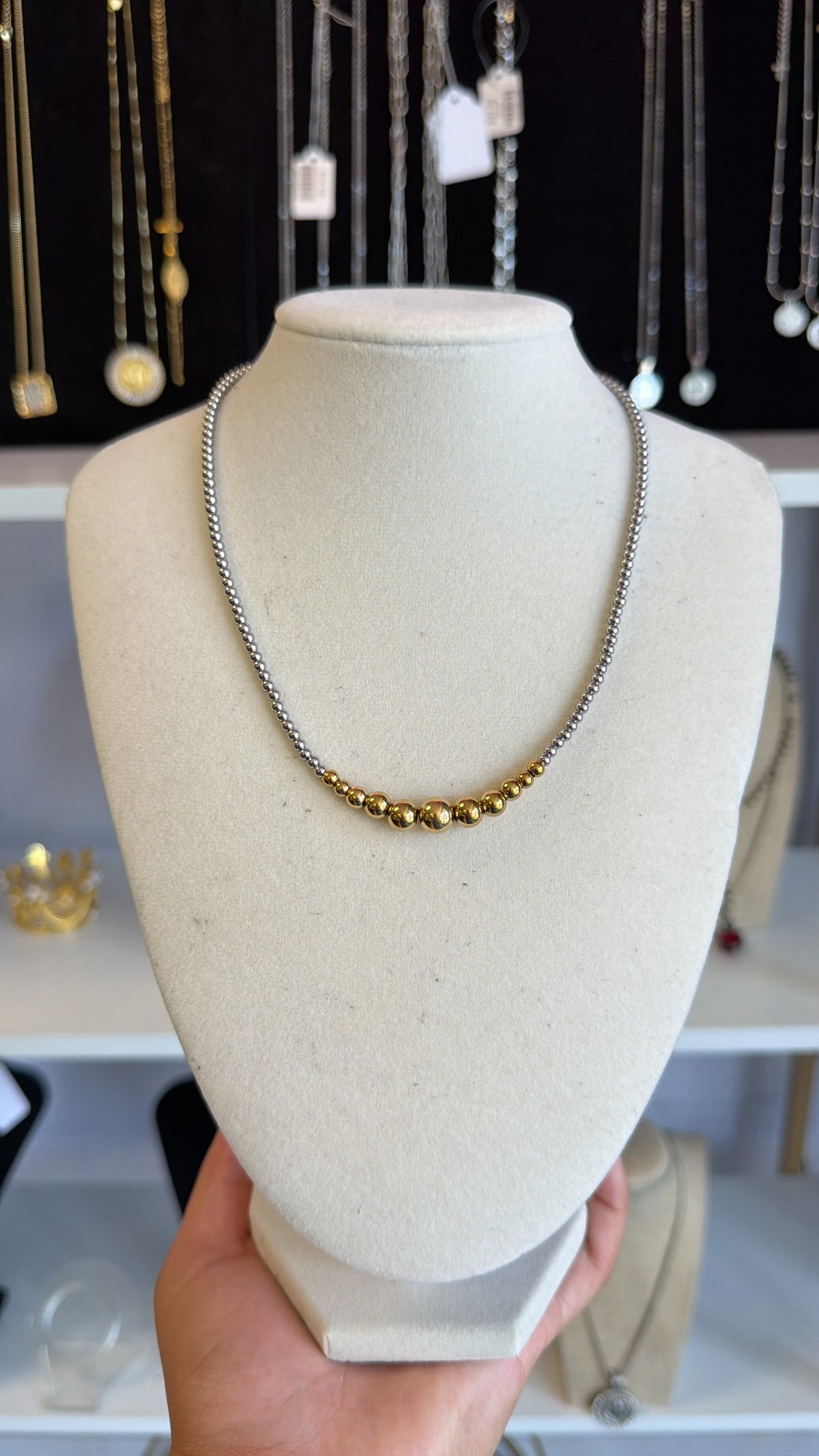 Stainless Steel Graduated Beaded Necklace Silver, Gold, and Multi