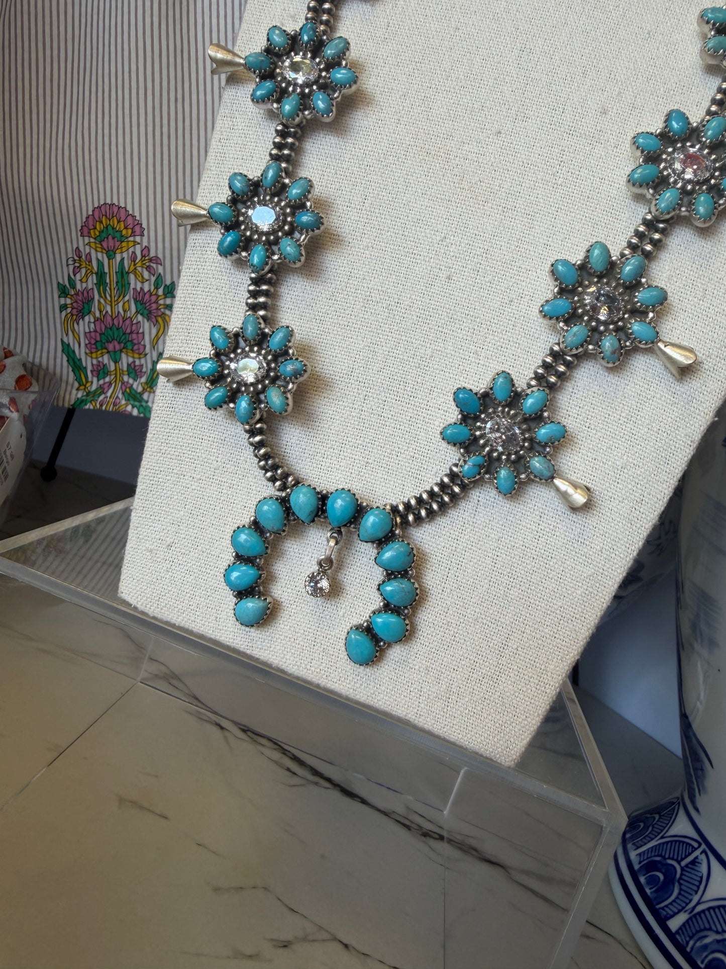 Sterling Silver Turquoise & Cubic Zirconia Squash Blossom Necklace